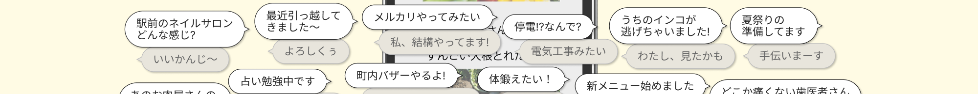 駅前のネイルサロンどんな感じ？　いいかんじ～　最近引っ越してきました～　よろしくう　メルカリやってみたい　私、結構やってます！　停電？なんで？　電気工事みたい　うちのインコが逃げちゃいました！　わたし、見たかも　夏祭りの準備してます　手伝いまーす