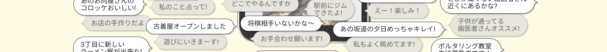 あのお肉屋さんのコロッケおいしい！　お店の手作りだよ　占い勉強中です　私のこと占って！　町内バザーやるよ！どこでやるんですか　体鍛えたい！　駅前にジムできたよ！　新メニューはじめました　えー！楽しみ！　近くに痛くない歯医者さん近くにあるかな？　子供が通ってる歯医者さんオススメ！